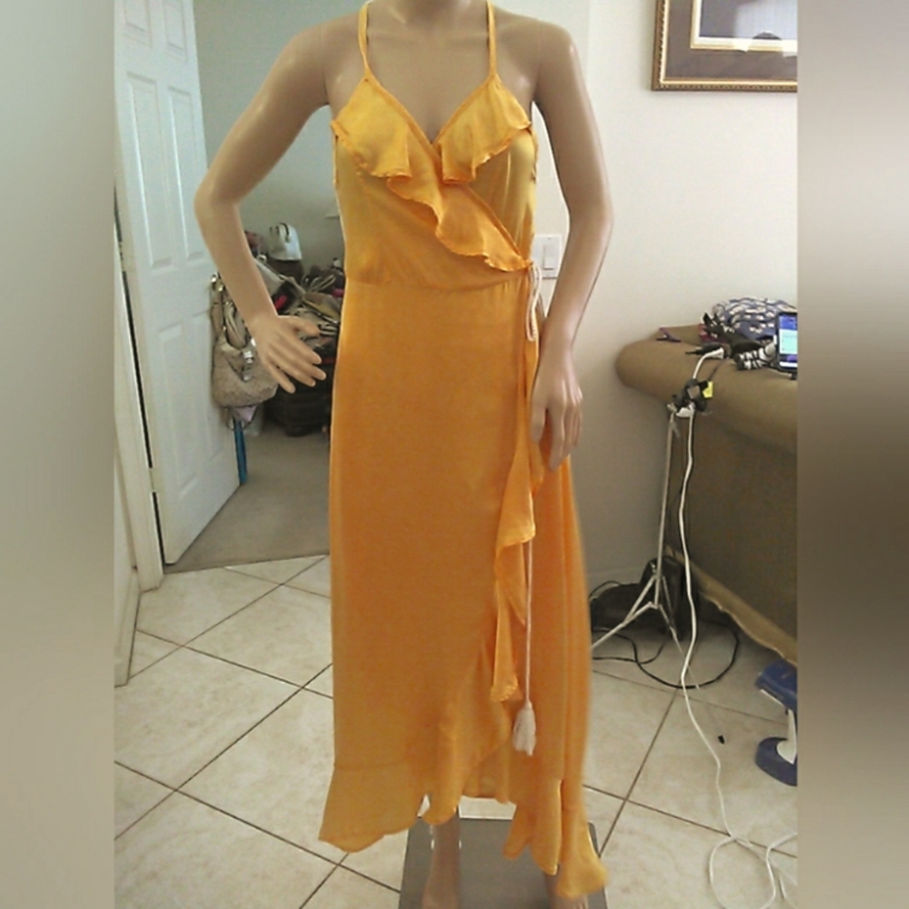 LUX. STELLA PARDO PARIS GOLDEN YELLOW WRAP Asymmetrical Dress W/ CROCHET SZ. S